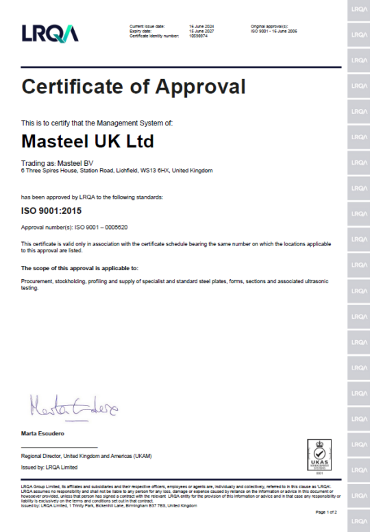 Our Latest ISO 9001 Certificate now runs until June 2027 - Masteel